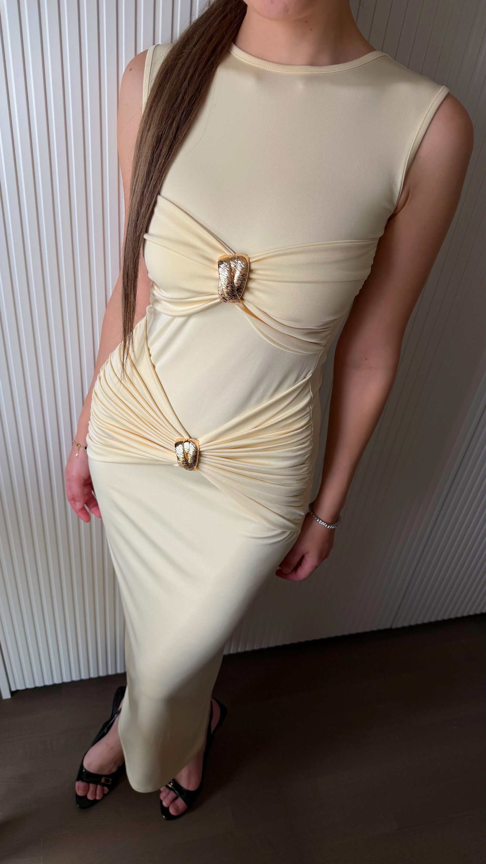 AKSESUAR DETAYLI ELBİSE-BUTTER YELLOW