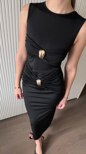 AKSESUAR DETAYLI ELBİSE-SİYAH