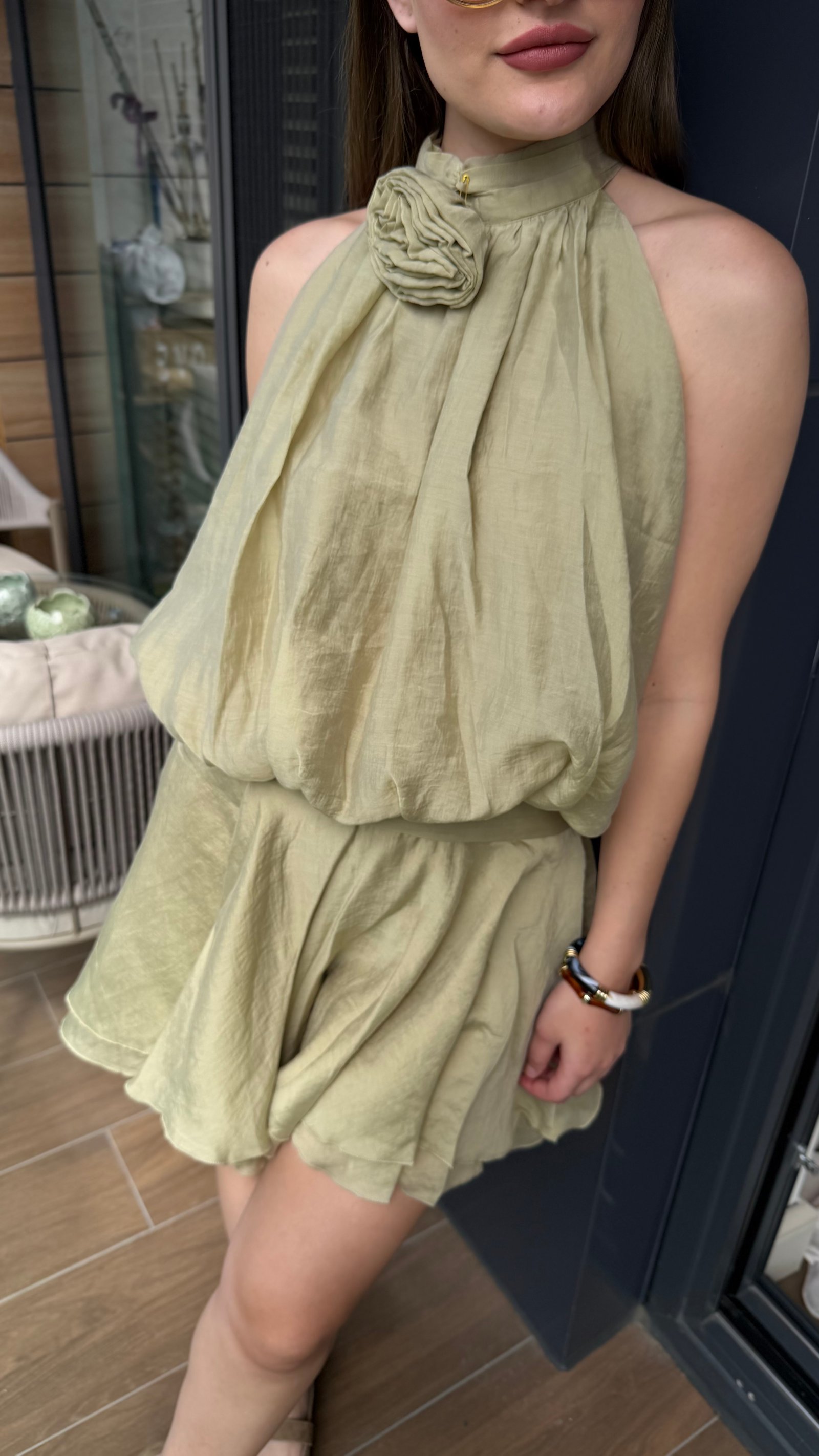 Gül Detaylı Bluz Etek Takım – Açık Yeşil