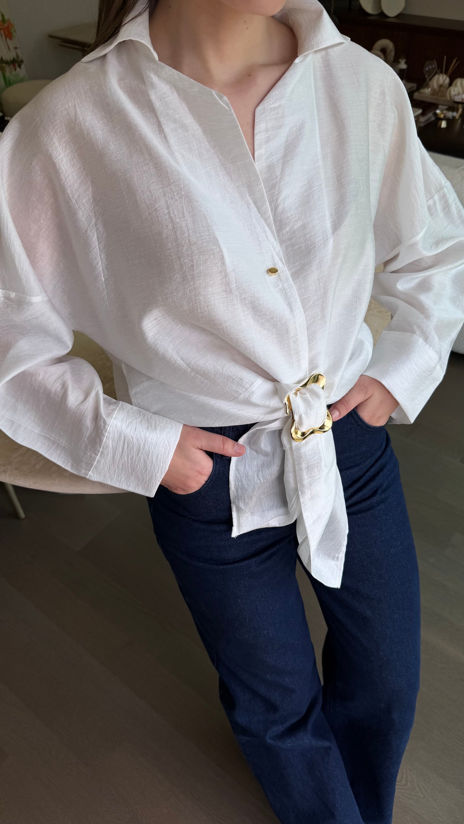 Tensel Tokalı Gömlek-Ekru