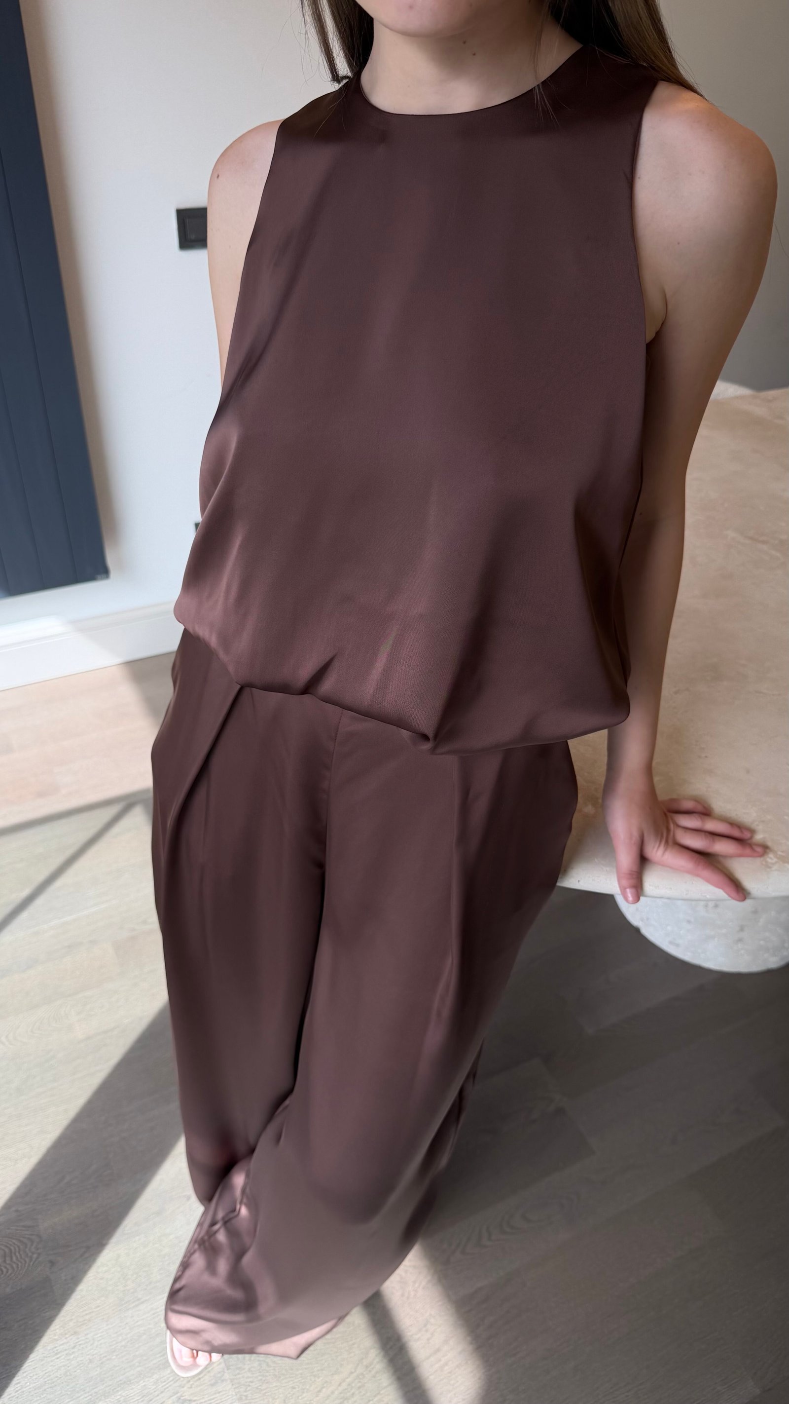 Saten Balon Bluz Pantolon Takım - Kahverengi