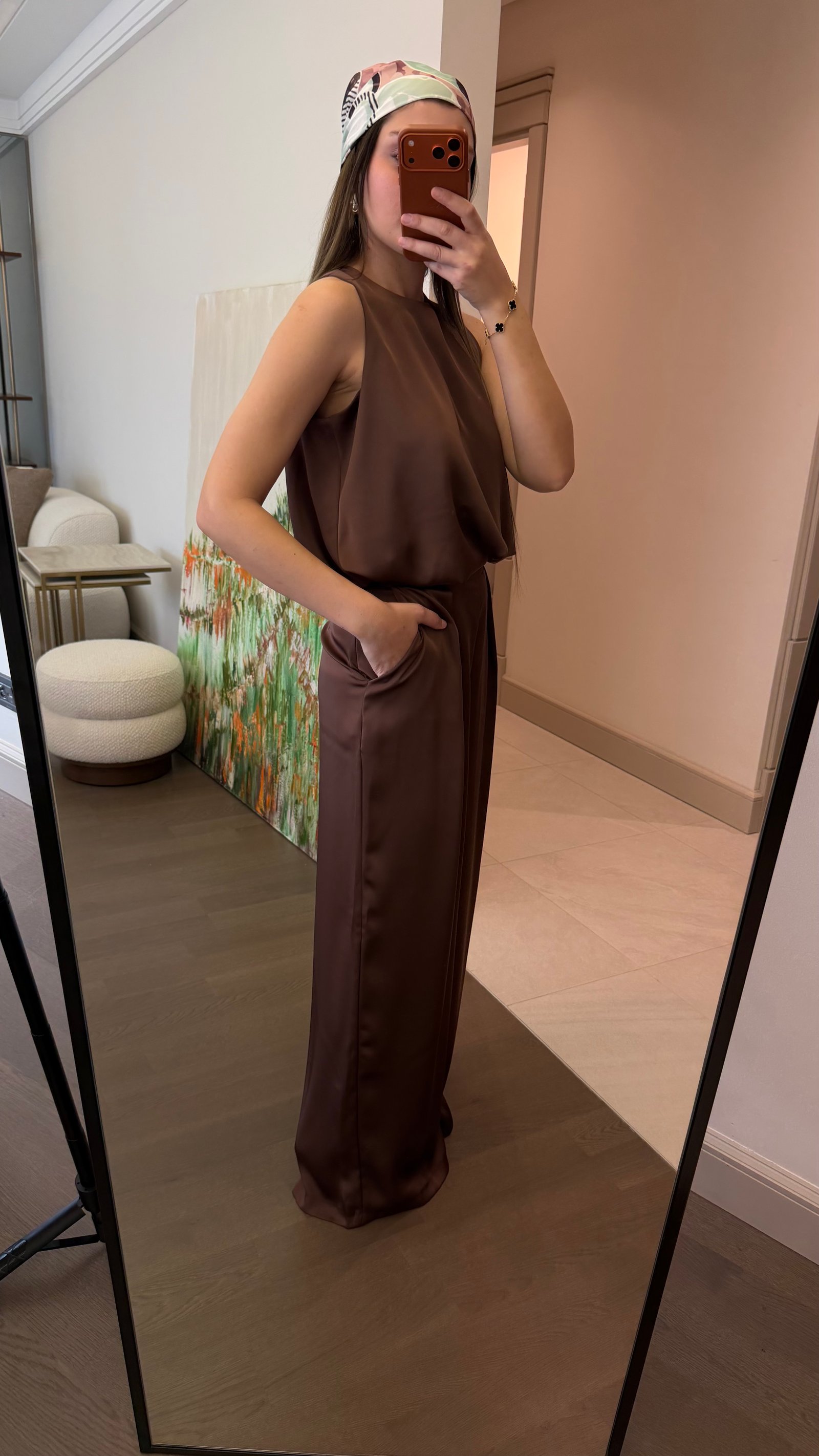 Saten Balon Bluz Pantolon Takım - Kahverengi