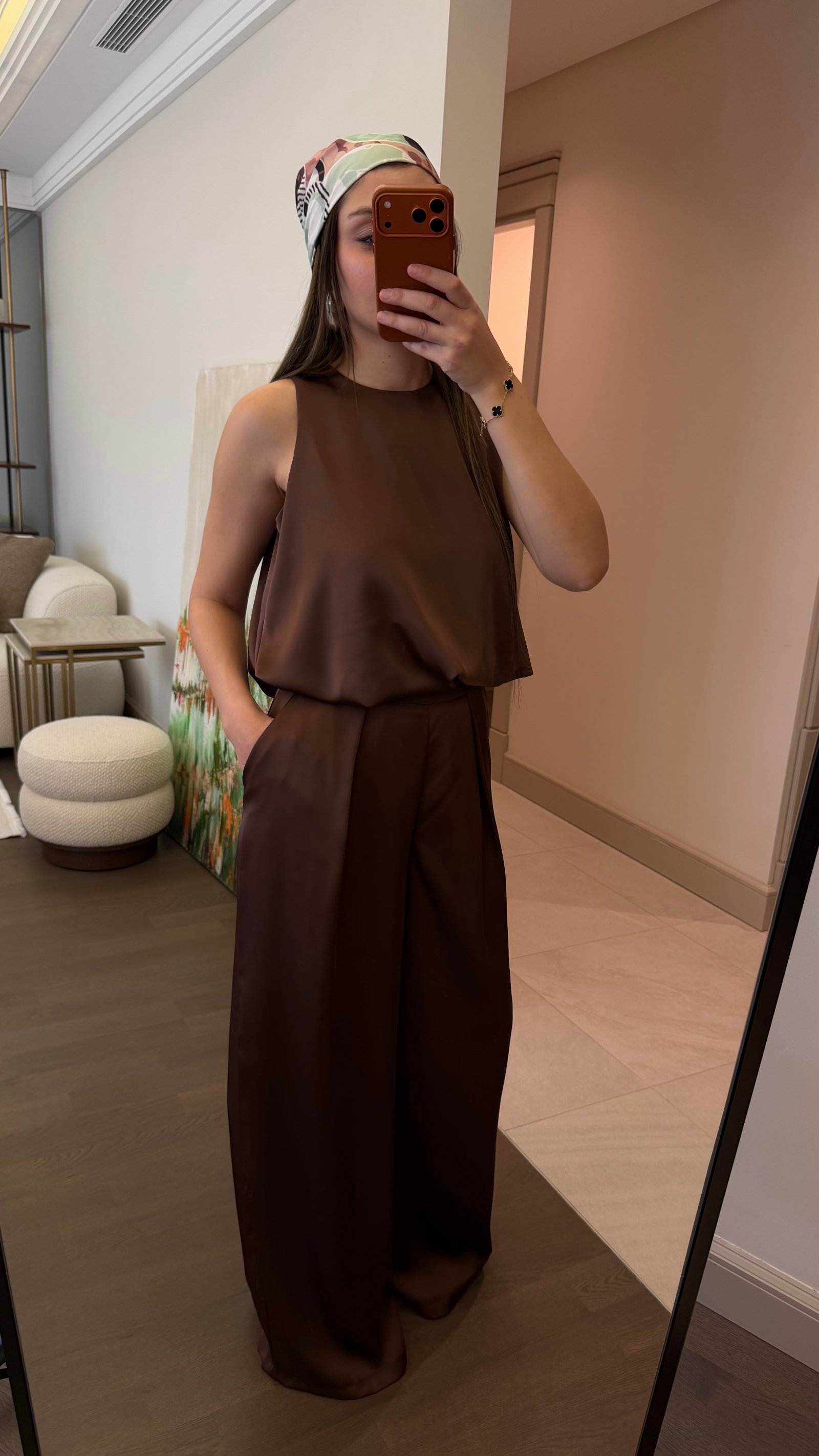 Saten Balon Bluz Pantolon Takım - Kahverengi