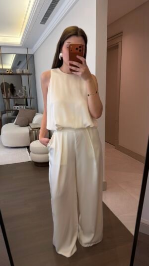 Saten Balon Bluz Pantolon Takım - Krem