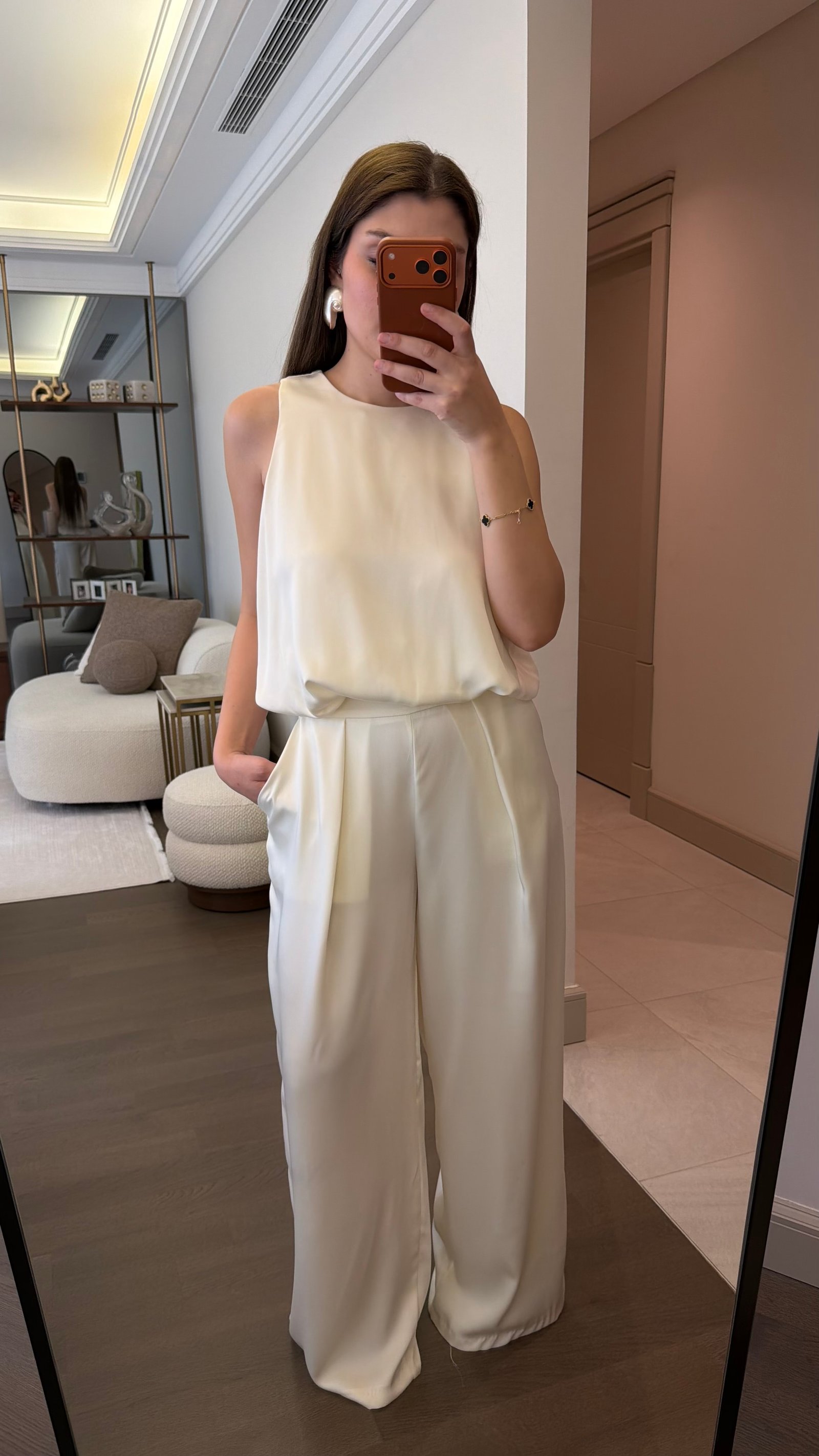 Saten Balon Bluz Pantolon Takım - Krem