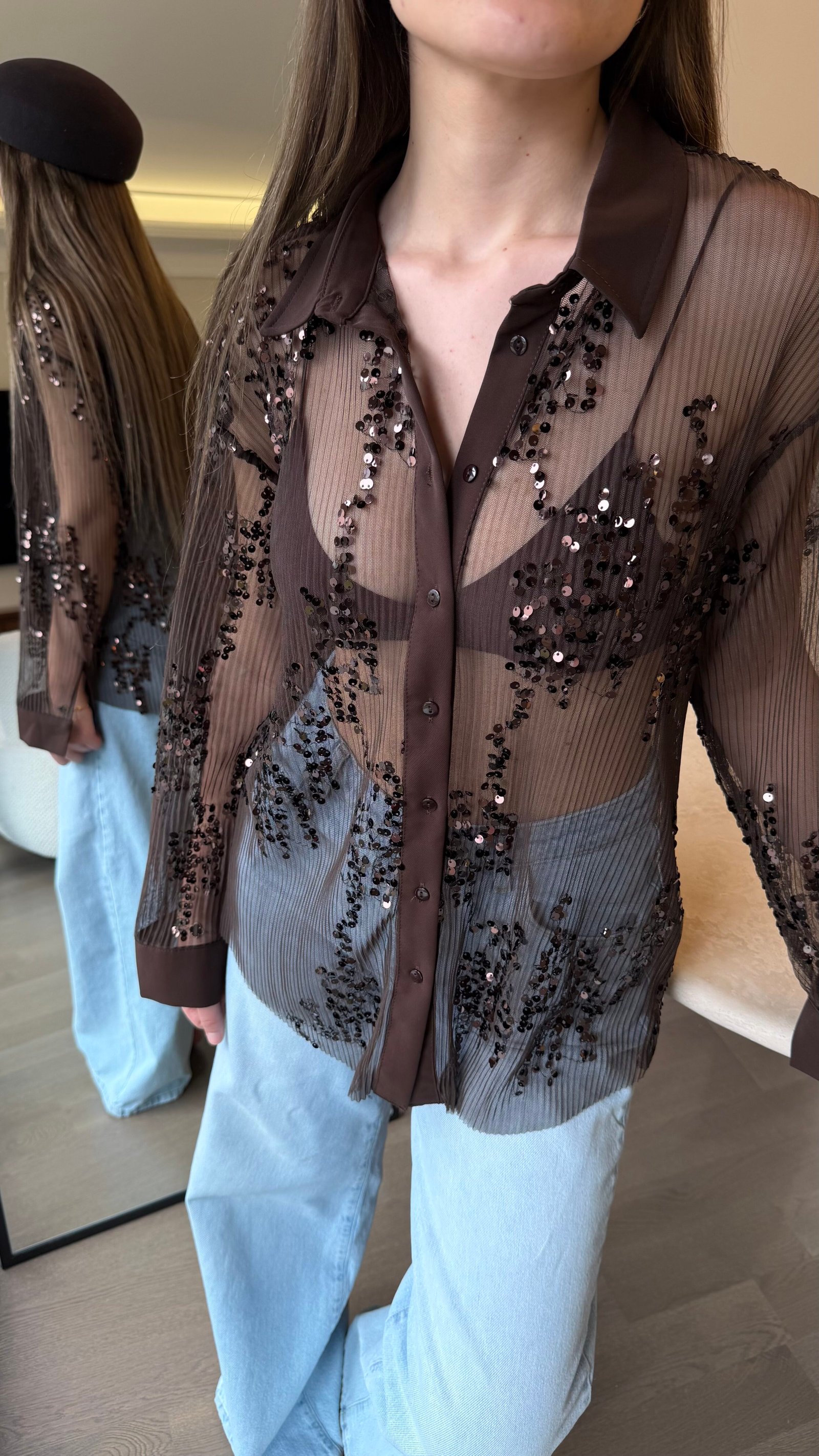 İşlemeli Transparan Gömlek