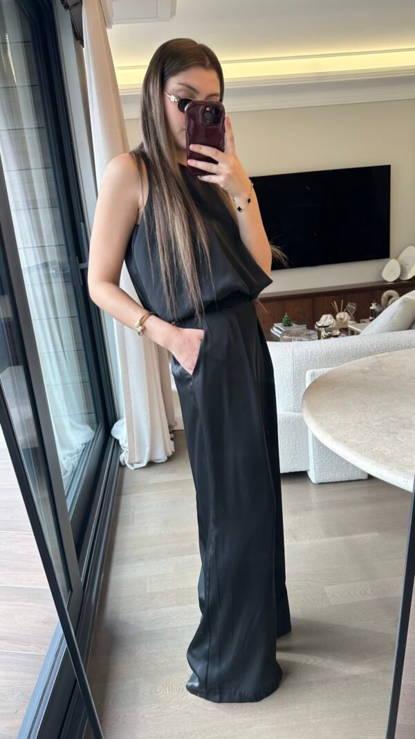 Saten Balon Bluz Pantolon Takım - Siyah