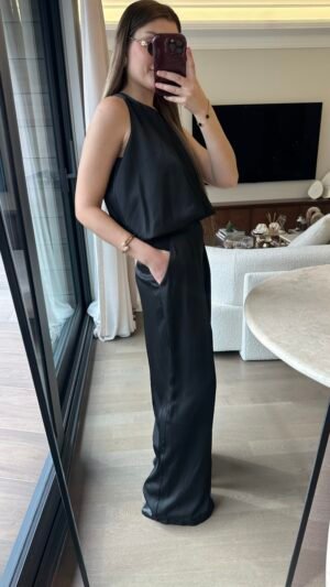 Saten Balon Bluz Pantolon Takım - Siyah