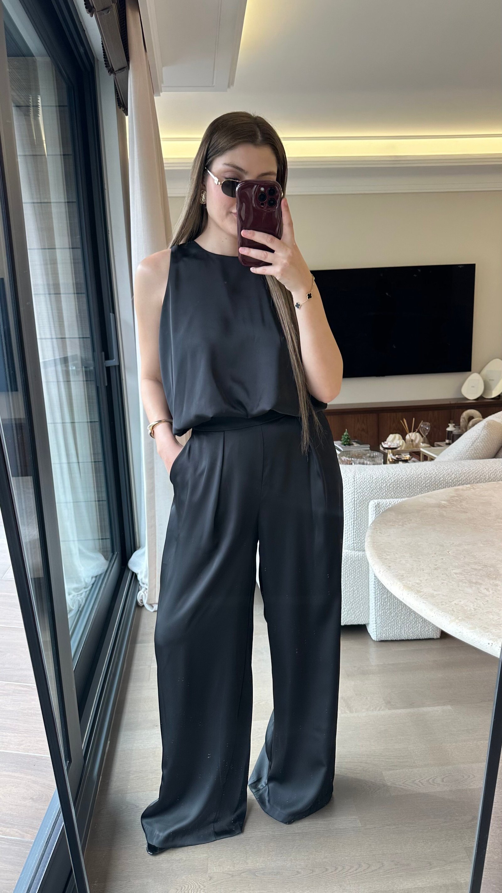 Saten Balon Bluz Pantolon Takım - Siyah