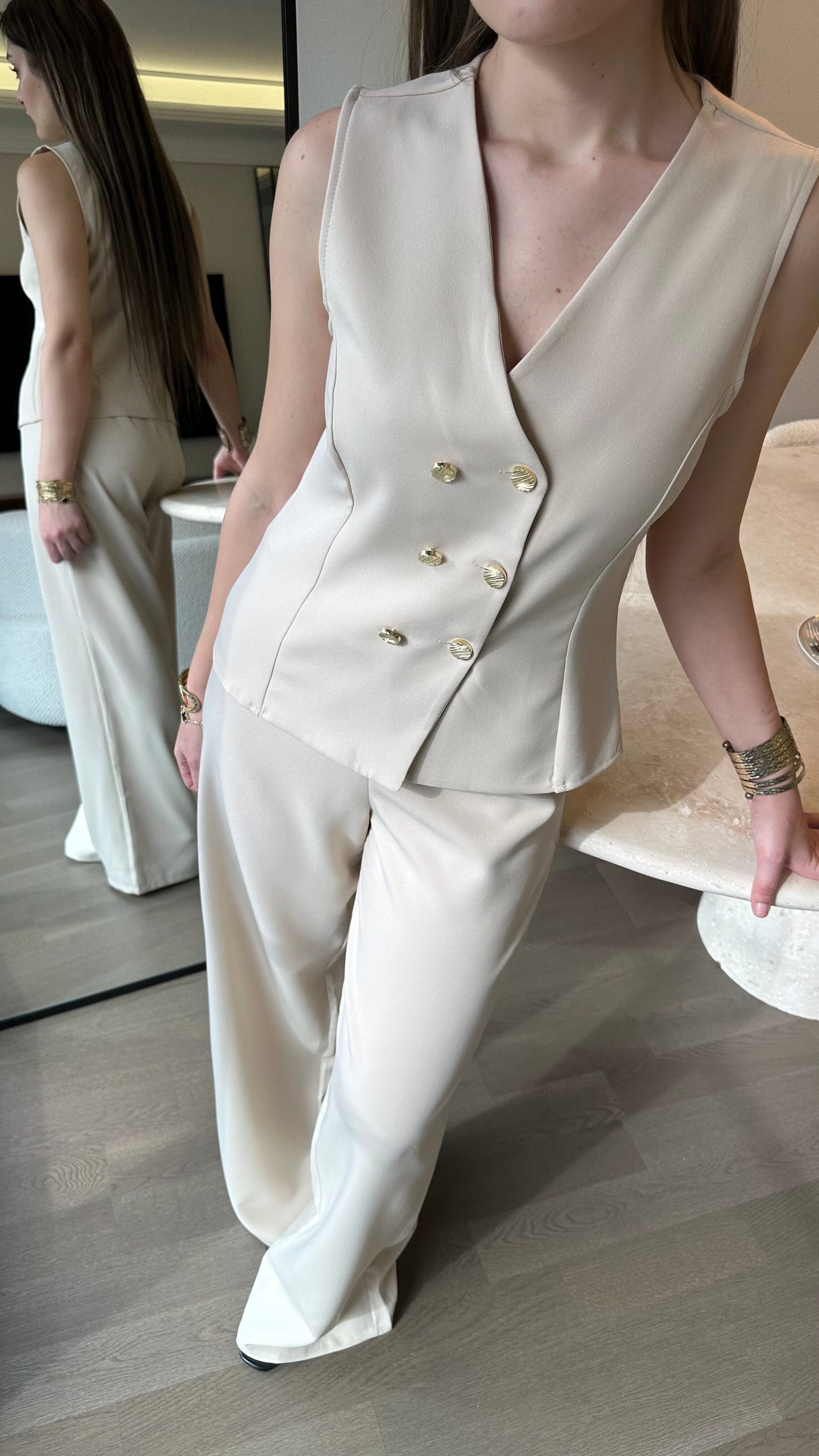 Düğmeli Yelek Takım - Taş