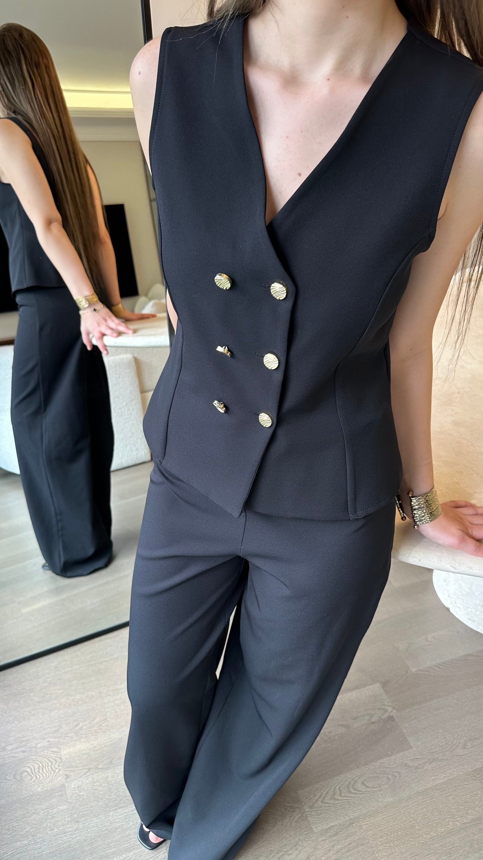 Düğmeli Yelek Takım - Siyah