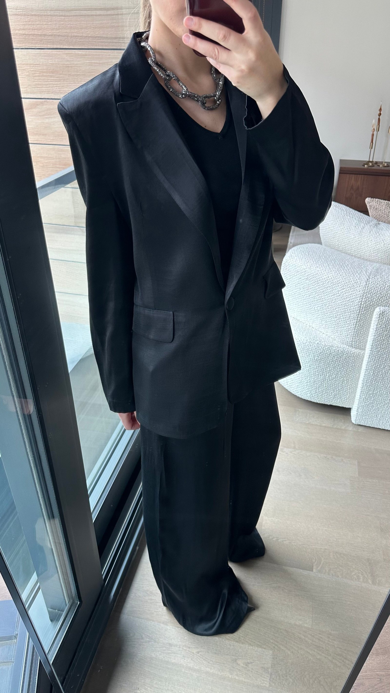 Kemerli Saten Blazer Pantolon Takım