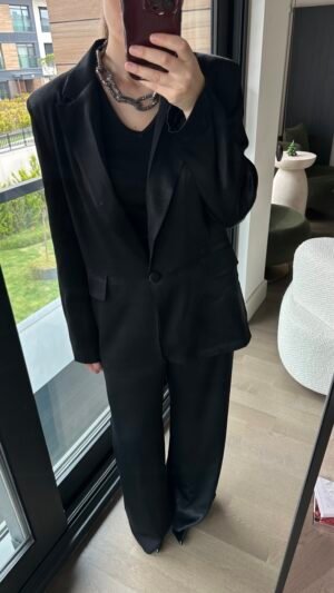 Kemerli Saten Blazer Pantolon Takım