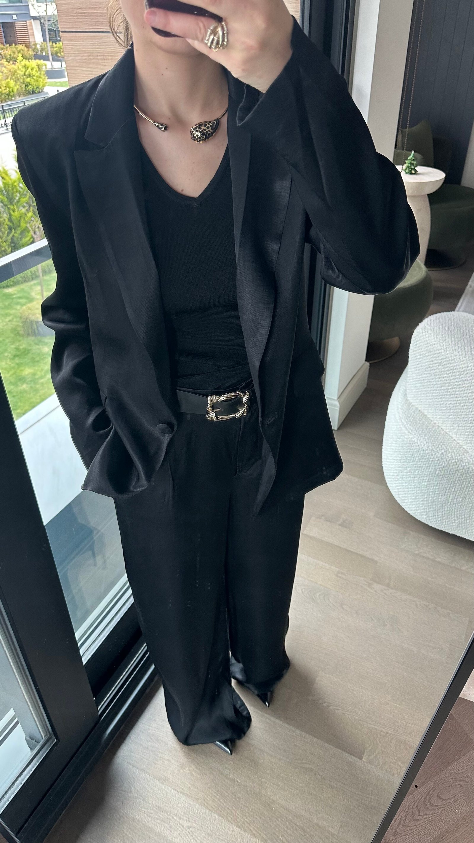 Kemerli Saten Blazer Pantolon Takım