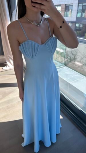 Göğüs Detaylı Elbise - Mavi