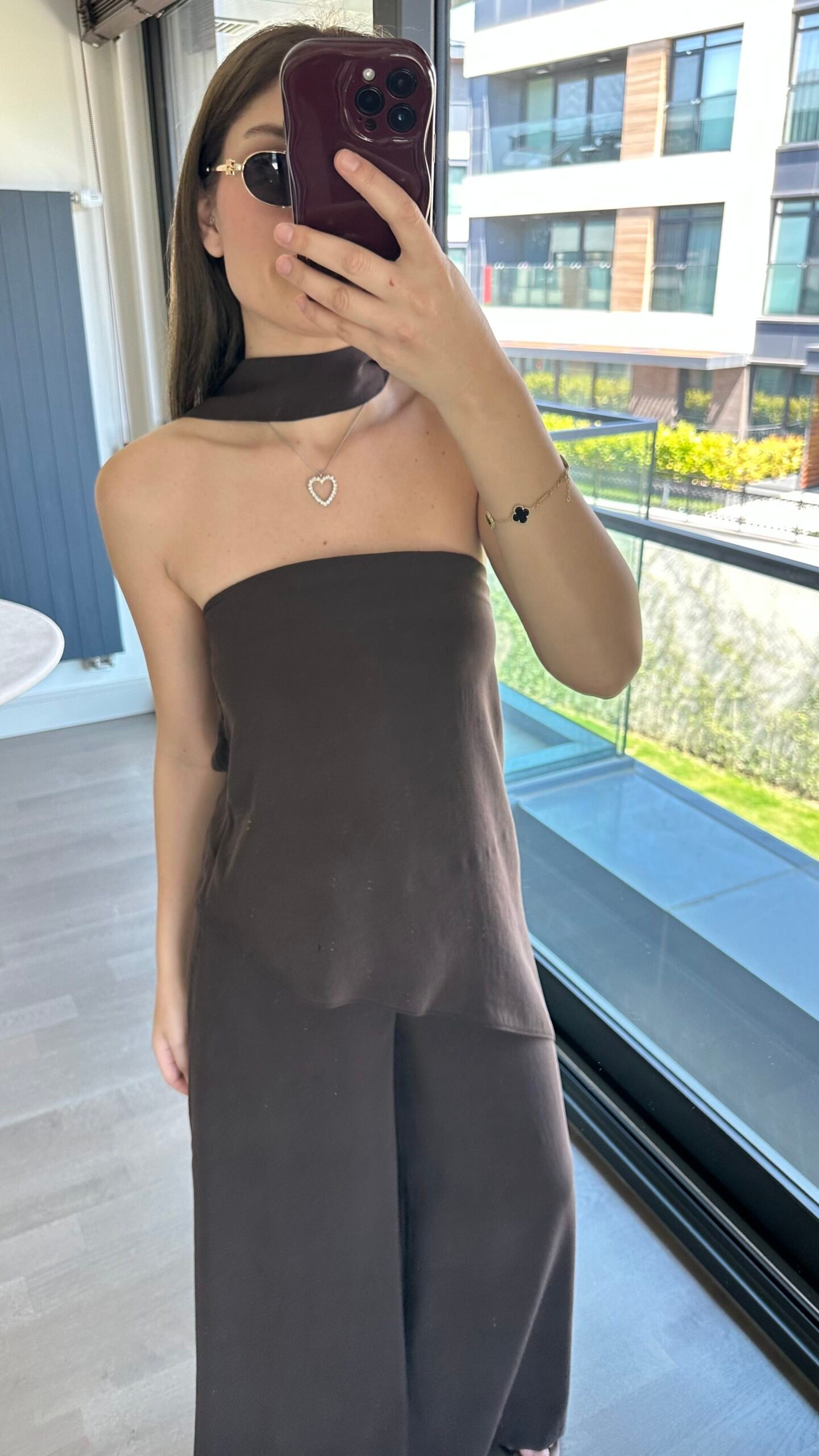 Straplez Çapraz Kesim Takım - Kahverengi