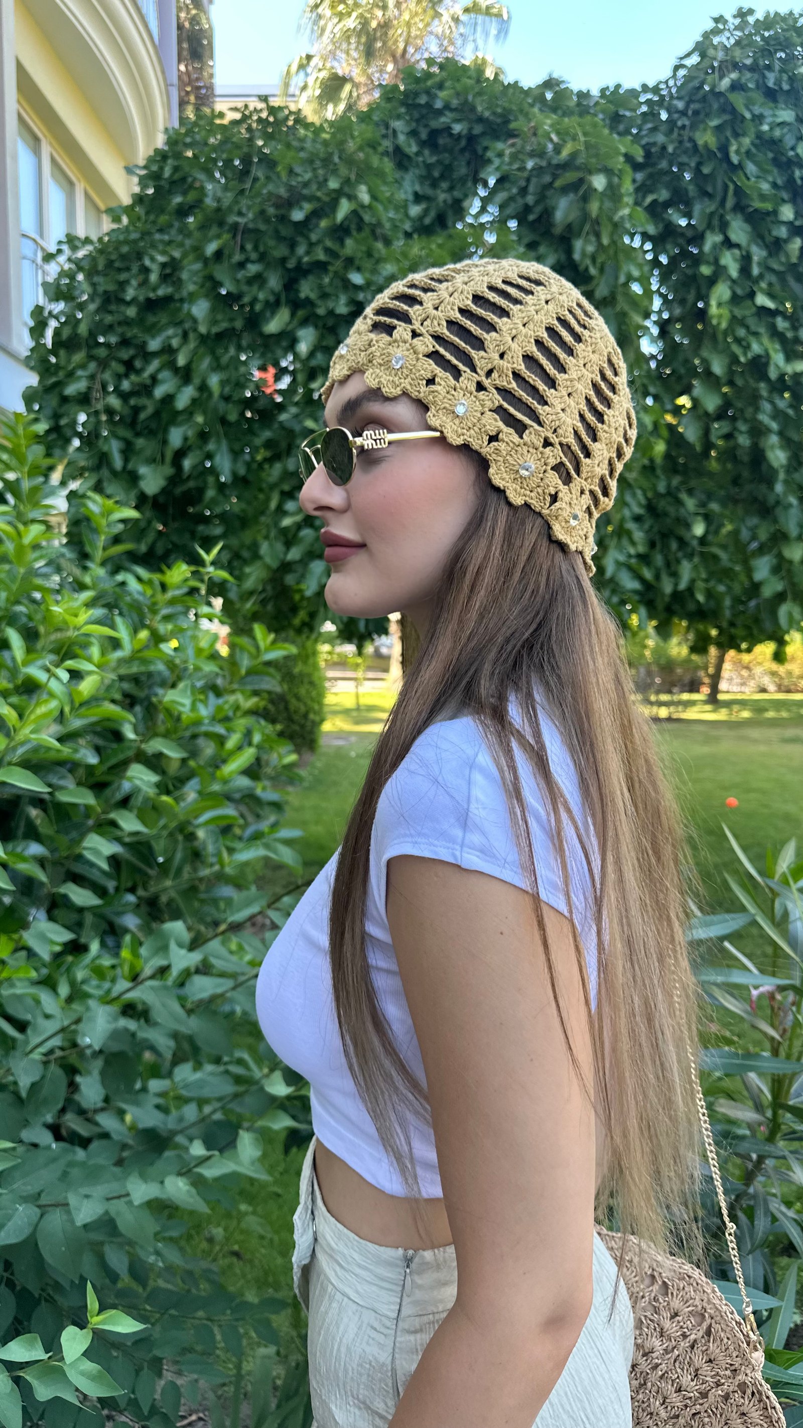 Taşlı File Bere - Sarı