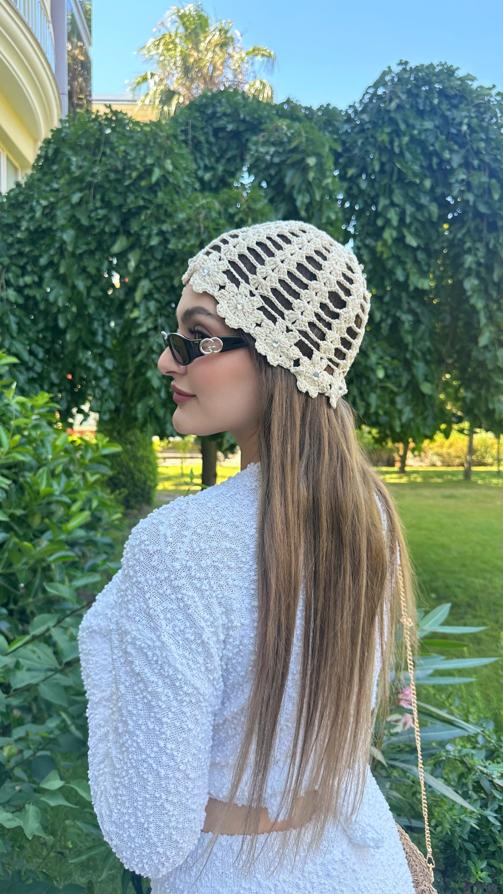 Taşlı File Bere - Ekru