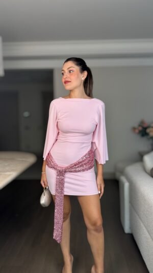Payet Kuşaklı Elbise - Pembe