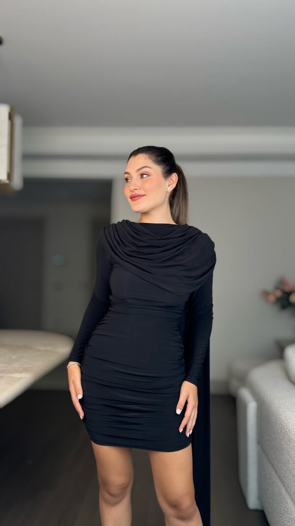 Drapeli Mini Elbise - Siyah