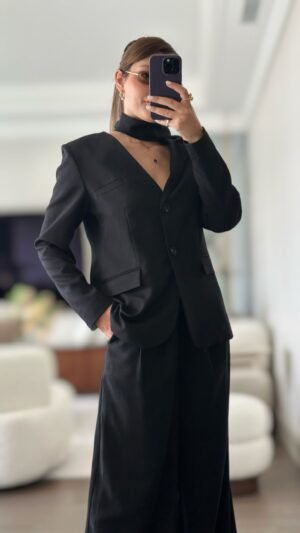 Şal Detaylı Blazer Takım - Siyah